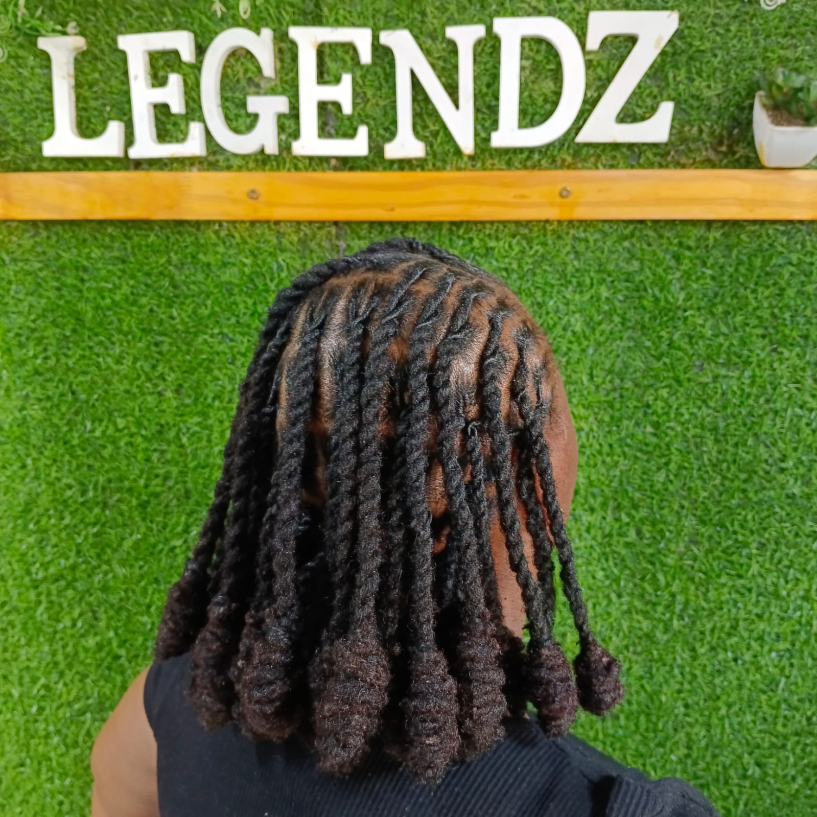 Back view of twisted locs finished with curled ends