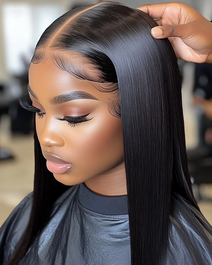 Sleek, straight, jet-black install with a natural-looking parting